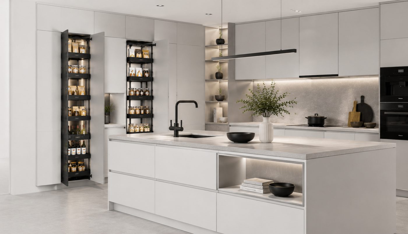 A Singapore kitchen fitted with ELKY Matte Black Series tall-unit pull-out pantry systems